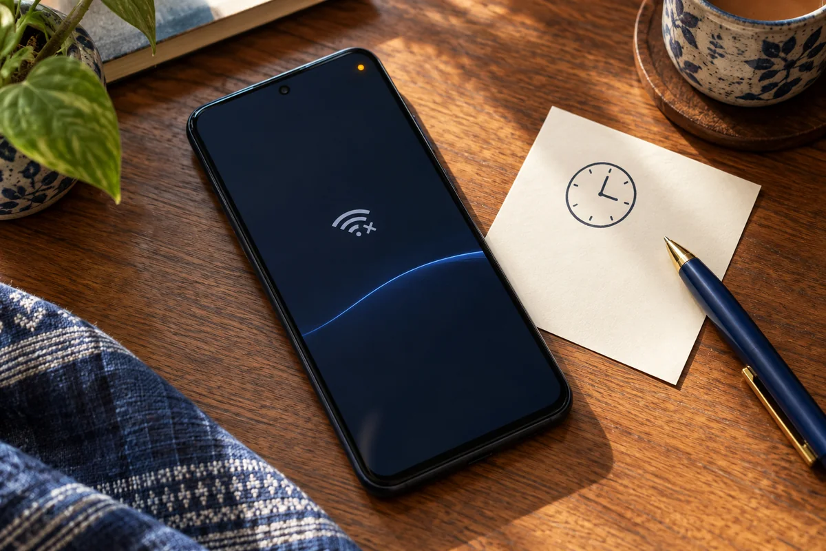 Phone with an interrupted connection symbol beside a note for recording the time.