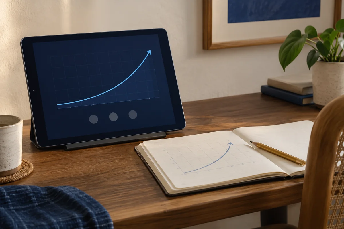 Practice graph on a tablet beside a workbook in a conceptual learning scene.
