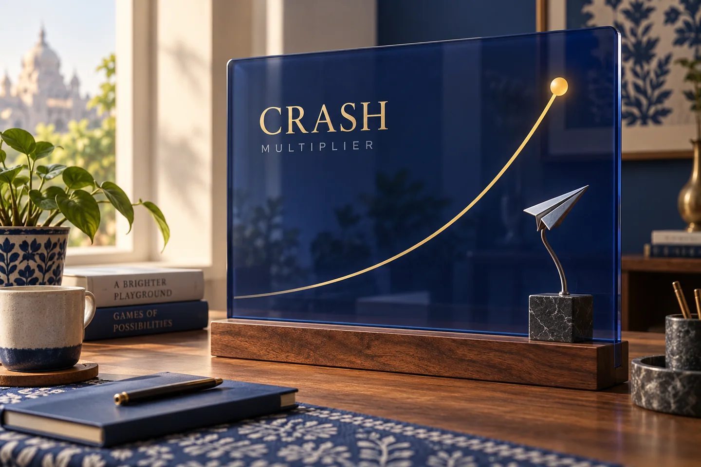 Crash concept illustration: a rising multiplier curve and a marked round endpoint