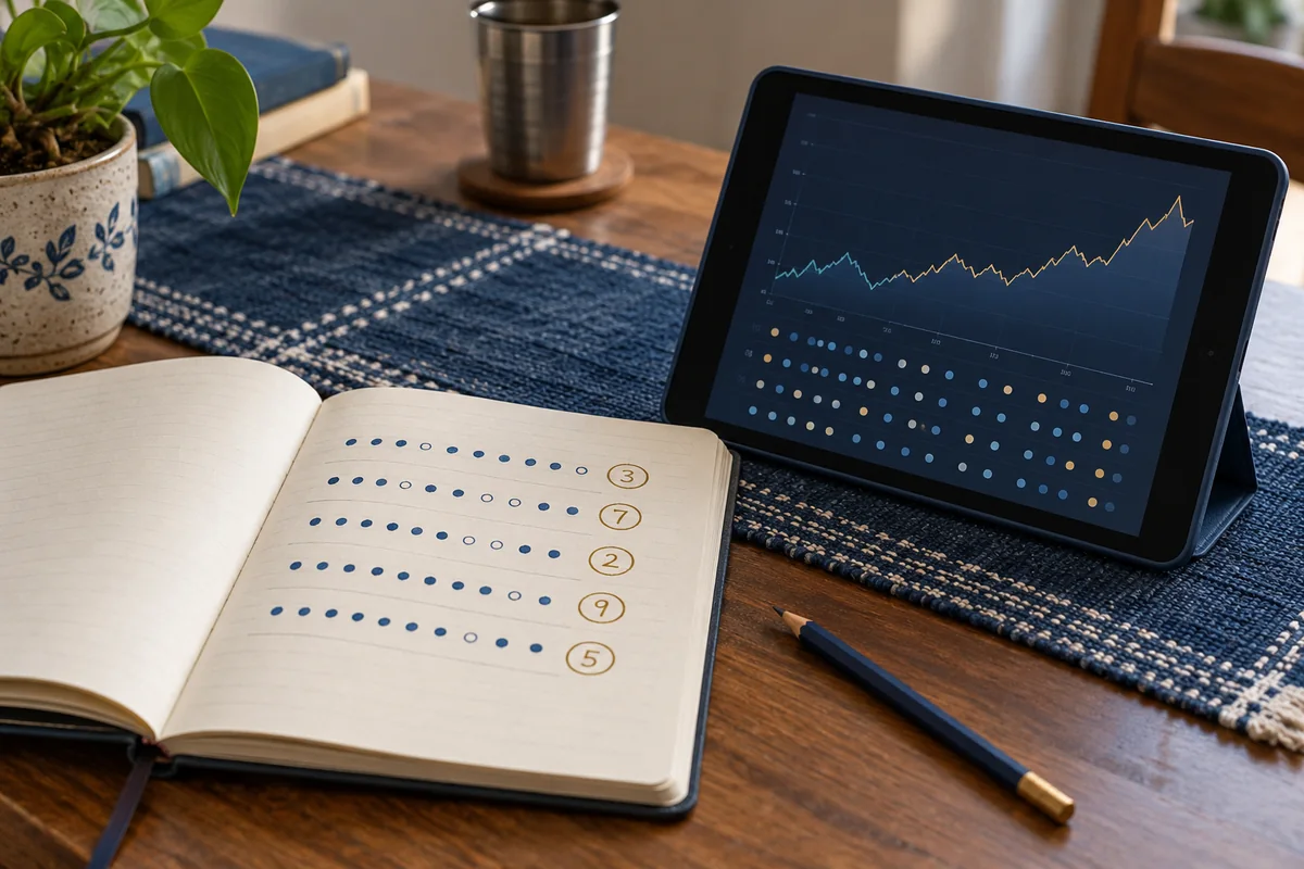 Notebook of separate round records beside a conceptual history display.