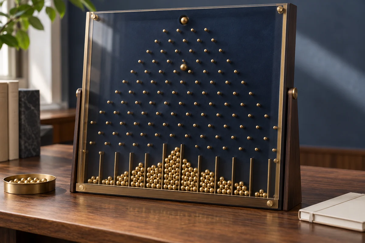 Gold beads collected below a probability board; a conceptual illustration, not a Crash result distribution.