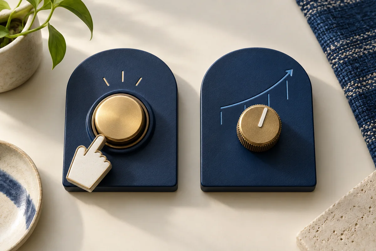 A push button and a preset dial illustrate two different control methods.